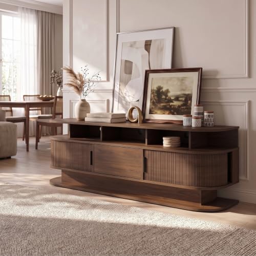 68” Fluted Mid Century Modern TV Stand LED Lights & Power Outlet (Walnut), view 4
