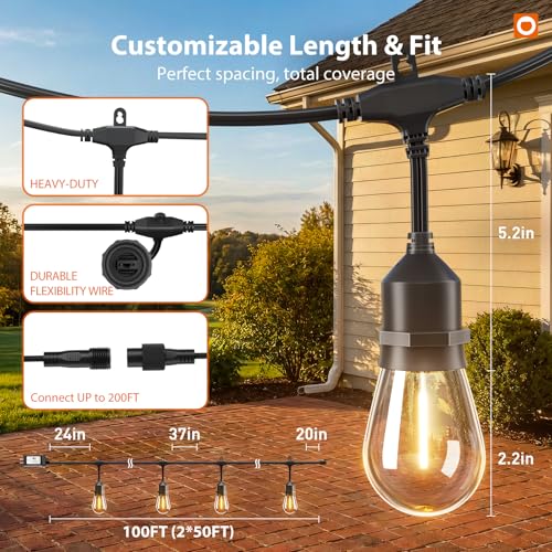 100FT Outdoor String Lights with Remote Dimmable Patio Lights Waterproof, view 7