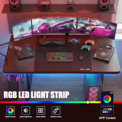 55 Inch Gaming Desk with LED Lights, Large Computer Desk with Mouse Pad for Home Office, T-Shaped Carbon Fibre Surface PC Game Workstations with Headphone Hook