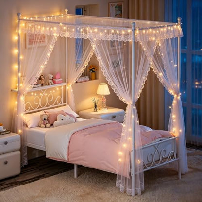Twin Metal Canopy Bed Frame with Storage Headboard, 4 Poster Bed, White, view 5