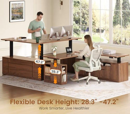 Fluted L Shaped Executive Electric Standing Desk with 4 Drawers, view 4