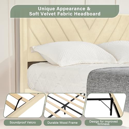 Queen Size Platform Bed Frame with Velvet Headboard, Wing Edge, view 7