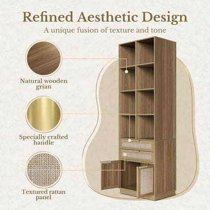 73'' Rattan Bookshelf with Doors and 2 Drawers, Natural Oak | Wood Bookcase with 2 Drawers and Doors, 8 Open Cubes, Adjustable Shelves, Durable Build, Modern Rattan Style