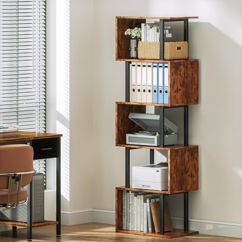 6 Tier Bookshelf, S Shaped Geometric Bookcase, Rustic Brown, view 7