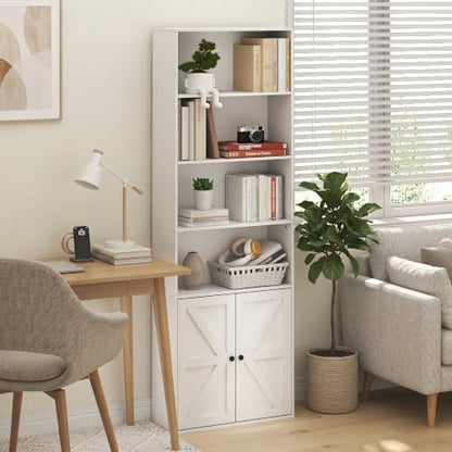Farmhouse 6-Tier Book Shelf with Doors, Bookshelf, White, view 3