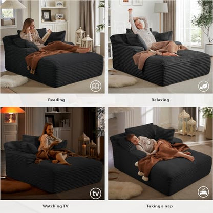 Oversized Black Corduroy Chaise Lounge with Armrests and Pillows, view 7