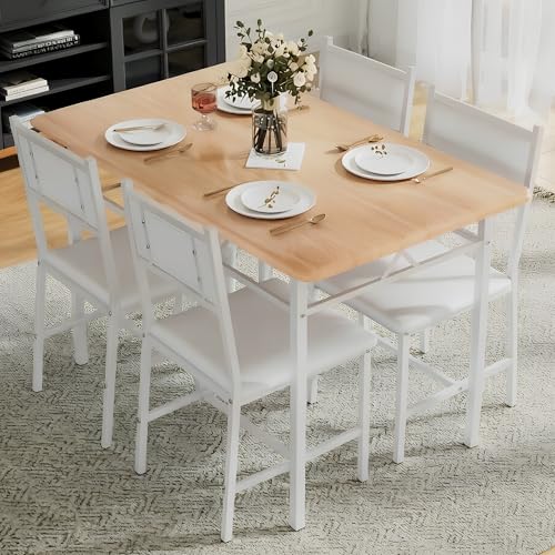 Dining Table Set for 4 with Chairs, 5-Piece Kitchen Table and Upholstered Padded Chairs Set for Small Space, Dining Room, Apartment, Natural White
