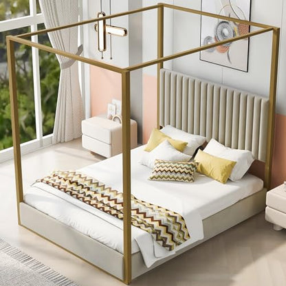 Modern 4-Poster Canopy Platform Bed Queen Size with Channel Upholstery Tufted, view 4