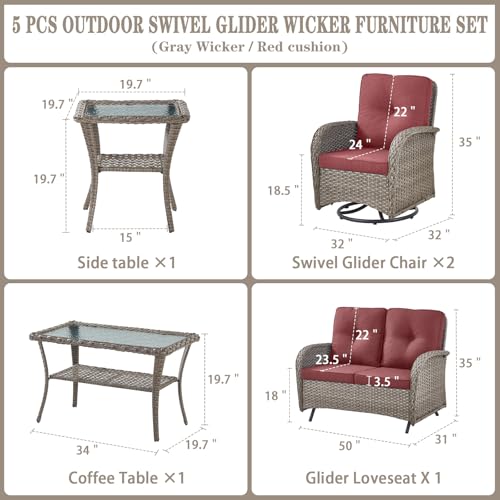 5 Piece Wicker Patio Furniture Set - Outdoor Conversation Sets with Deep Seating Swivel Rocker Chairs Loveseat and Rattan Coffee Table for Deck Backyard Poolside, Gray Wicker/Red Cushion