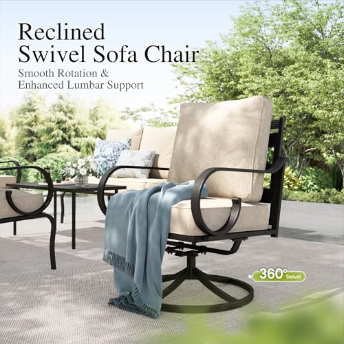 Patio Conversation Set for 5, 3-Seater Sofa, 2 Swivel Chairs and a Coffee Table, Metal Outdoor Furniture with 5.75" Extra Thick Cushion, Beige
