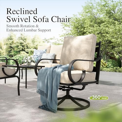 Patio Conversation Set for 5, 3-Seater Sofa, 2 Swivel Chairs and a Coffee Table, Metal Outdoor Furniture with 5.75" Extra Thick Cushion, Beige