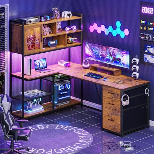 58'' L Shaped Computer Office Desk with 3 Drawers and Bookshelf, view 7