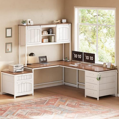 Reversible Farmhouse L Shaped Office Desk with 6 Drawer, Hutch, view 2