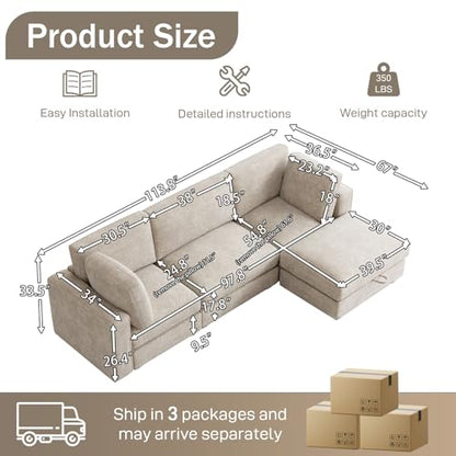 114" Oversized Modular Sectional Sofa, L Shaped Sectional Couches for Living Room, 4 Seat Modular Sofa with Storage Ottoman & Removable Cover, Beige White