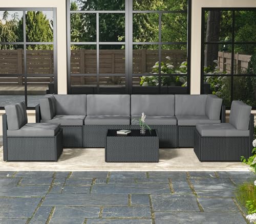 7 Piece Outdoor Patio Furniture Set, Outdoor Sectional Conversation Furniture Chair with Coffee Table,Patio Sectional for Garden,Backyard(Grey Cushions and Black PE Rattan)