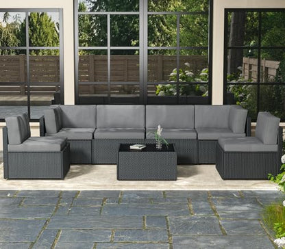 7 Piece Outdoor Patio Furniture Set, Outdoor Sectional Conversation Furniture Chair with Coffee Table,Patio Sectional for Garden,Backyard(Grey Cushions and Black PE Rattan)