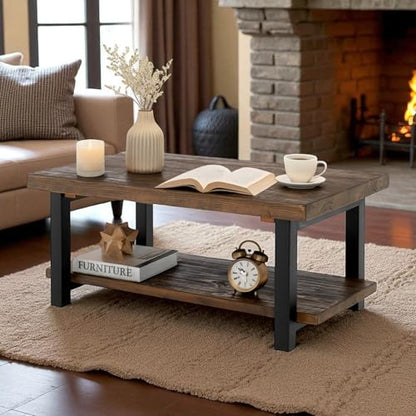 Pomona 42-Inch Rectangular Solid Wood Coffee Table with Storage Shelf & Metal Legs – Rustic Industrial Farmhouse Living Room Table by (Rustic Natural)