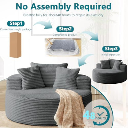 55'' Oversized Round Chaise Lounge Chair Indoor, Corduroy Sponge Deep Seat Single Sofa, Cloud Large Round Chairs, Modern Sleeper Chair for Living Room, Wide Armrest Chairs, No Assembly Required Gray