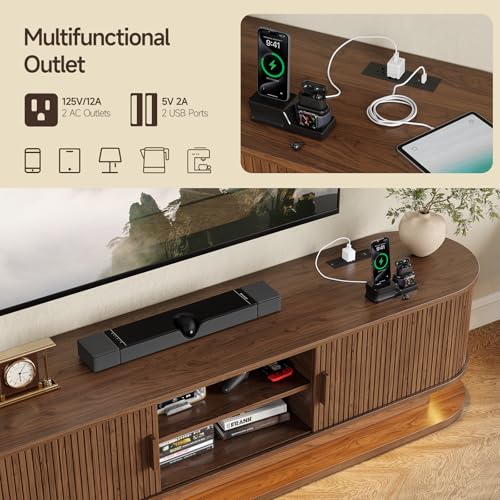 70" TV Stand up to 80 Inch with LED Lights and Power Outlet, Walnut, view 6