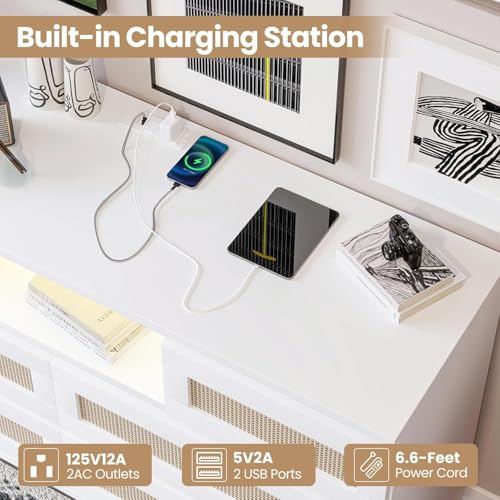 Modern Rattan 6 Drawer Dresser with LED Light & Charging Station – Deep Storage Chest for Bedroom, Closet, Nursery, Living Room, Entryway, TV Stand – White