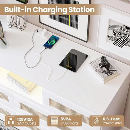 Modern Rattan 6 Drawer Dresser with LED Light & Charging Station – Deep Storage Chest for Bedroom, Closet, Nursery, Living Room, Entryway, TV Stand – White