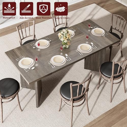 70.9'' Rectangular Dining Table for 6-8, Wooden Thickened Long Desk, Farmhouse Kichen Table with Sturdy Frame and Wooden Legs, for Dining Room, Kitchen, Living Room, Office, Retro Grey