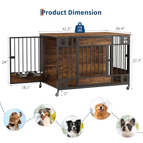 Dog Crate Furniture, 41" Indoor Dog Kennel with Triple Doors, Brown, view 3