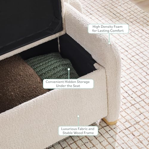 Chantelle Modern Contemporary Curved Upholstered Bench with Storage, 56 Inch, Ivory Bouclé
