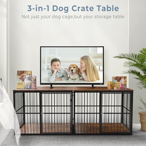 86.62'' Dog Crate Furniture Large Breed TV Stand, Rustic Brown, view 4