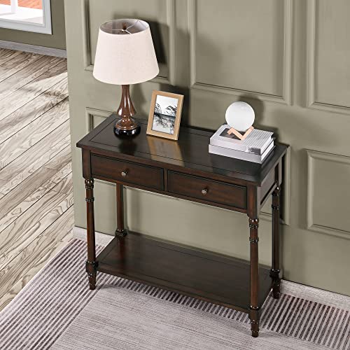 Solid Wood Console Table with 2 Drawers, 2-Tier 35.4" X 30" Accent Sofa Table with Multilayer Storage Shelf Rustic Hall Entryway Tables for Living Room Home Office-Walnut 004DC