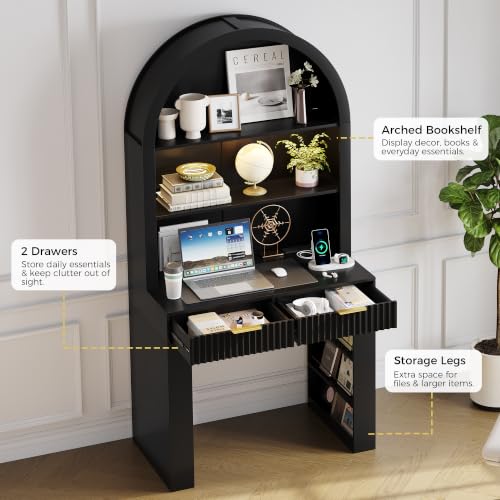 35.4" Arched Writing Desk with Hutch & Power Outlet for Home Office, view 4