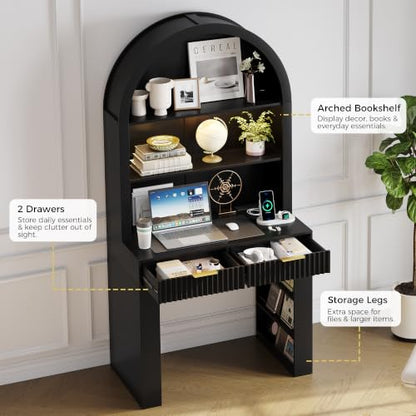 35.4" Arched Writing Desk with Hutch & Power Outlet for Home Office, view 4
