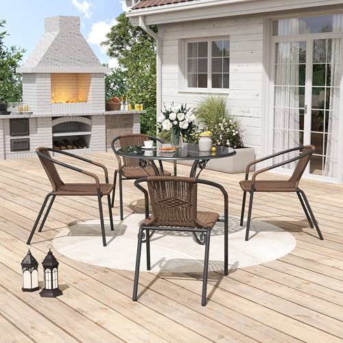 Rattan Patio Dining Chairs Set of 4, Wicker Stackable Outdoor Chairs with All Weather Curved Back & Metal Frame, for Indoor Restaurant Porch Deck, Brown