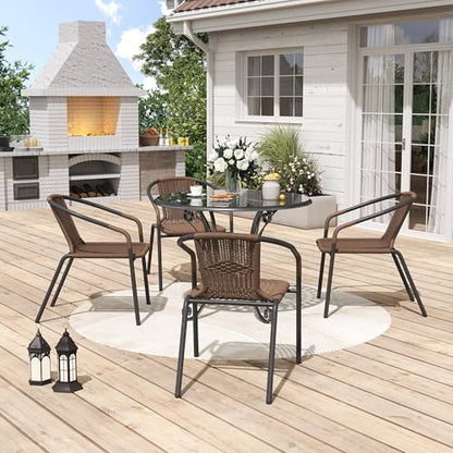 Rattan Patio Dining Chairs Set of 4, Wicker Stackable Outdoor Chairs with All Weather Curved Back & Metal Frame, for Indoor Restaurant Porch Deck, Brown