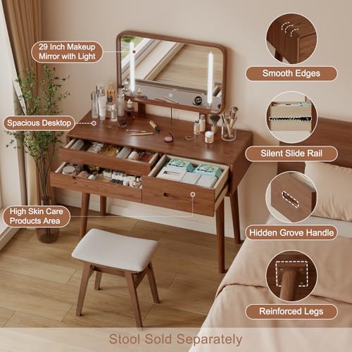 Solid Wood Makeup Vanity Desk with Mirror and Lights, Walnut, view 6