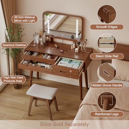 Solid Wood Makeup Vanity Desk with Mirror and Lights, Walnut, view 6
