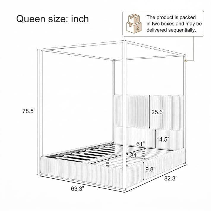 Luxury Queen Metal Canopy Bed with Tall Upholstered Headboard, Beige, view 3