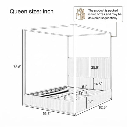 Luxury Queen Metal Canopy Bed with Tall Upholstered Headboard, Beige, view 3