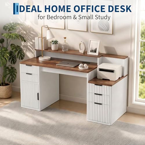 Home Office Computer Desk with Hutch & Printer Shelf, Brown & White, view 6
