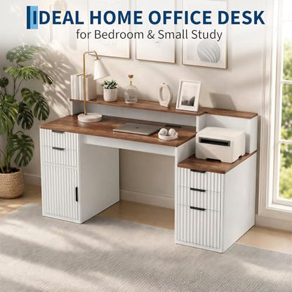 Home Office Computer Desk with Hutch & Printer Shelf, Brown & White, view 6