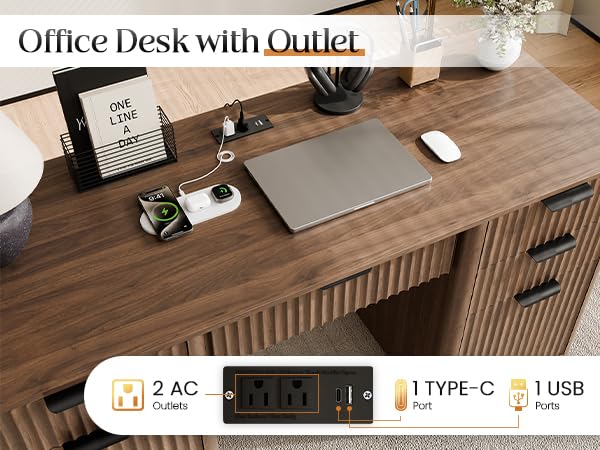 58" Fluted Home Office Desks with Storage, Power Outlet, Walnut, view 5