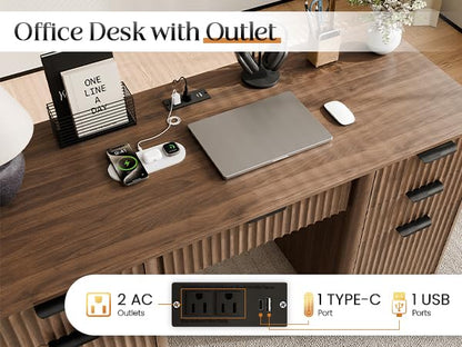 58" Fluted Home Office Desks with Storage, Power Outlet, Walnut, view 5