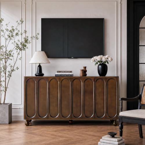 60" Sideboard Buffet Cabinet,Birch Wood Veneer,3D Arched Doors, Brown, view 6