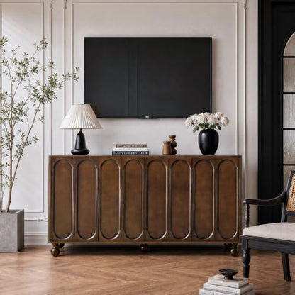 60" Sideboard Buffet Cabinet,Birch Wood Veneer,3D Arched Doors, Brown, view 6