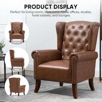 Mid-Century PU Leather Accent Chair, Living Room Lounge Sofa Chair with Buttons, Single Club Armchair with Rivet Trim for Bedroom Home Reception (Brown)