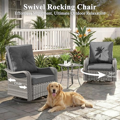 3 Piece Patio Furniture Set with Swivel Rocking Chairs, Outdoor Wicker Conversation Set with 4" Cushions, Glass Side Table, PE Rattan and Rust-Resistant Frame, Black