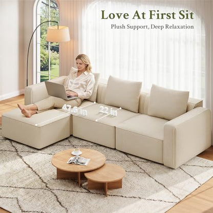 103" Modular Sectional Sofa, Minimalist Comfy Cloud Couch Sectional, Tool-Free Setup Couches for Living Room, Wood Frame l Shaped Couch with Ottoman, 22" Deep Seat Chenille Cloud Sofa