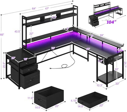 104'' L Shaped Gaming Desk, Reversible Two Person Corner Computer Desk with LED Lights & Power Outlet, Monitor Stand & 3 Drawers, Home Office Workstation for Gaming Room, Black