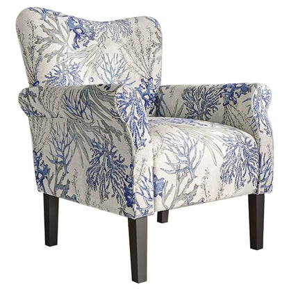 Modern Accent Chair for Living Room, High Back Linen Armchair with Wooden Legs, Upholstered Wingback Side Chair Padded Armrest Single Sofa for Living Room, Bedroom - Allston (Blue Coral)