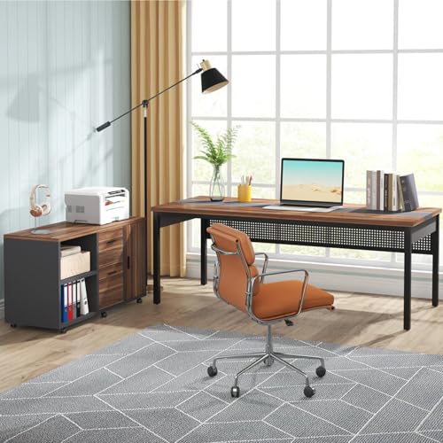 Tribesigns 71 Inch Executive Desk, L-Shaped Desk with Mobile File Cabinet, Executive Office Table with 2 Drawers and Storage Shelves, Business Furniture Workstation for Home Office, Walnut and Black